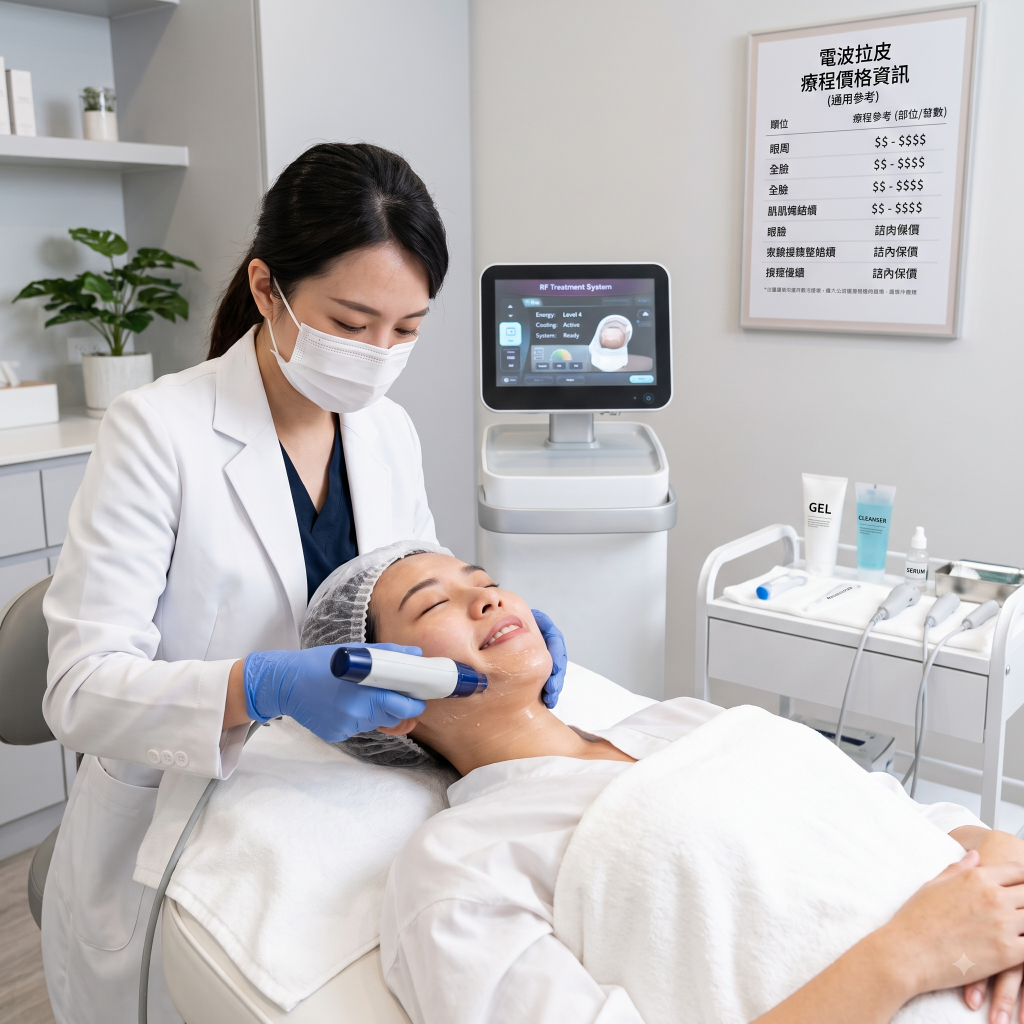 Clinician in a white coat and mask performs a facial treatment on a patient lying in a treatment chair in a clinic room.